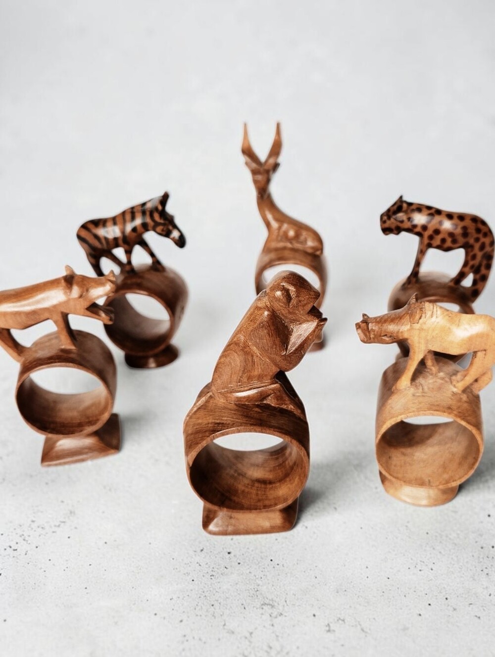 Hand Carved African Wooden Animal Napkin Rings Set of 6 Monkey Gazelle Zebra
